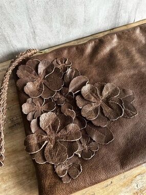 Stacy Leigh Brown Floral Leather Wristlet Clutch